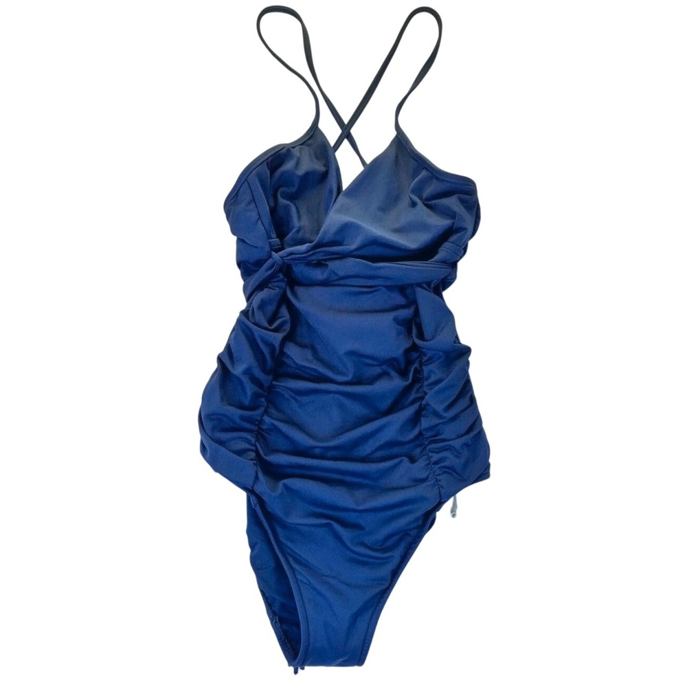 Seafolly Australia Navy Blue Ruched One Piece Swimsuit Tassel Tie US 10 Nautical